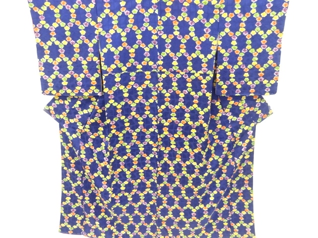 花に斜め格子模様小紋着物